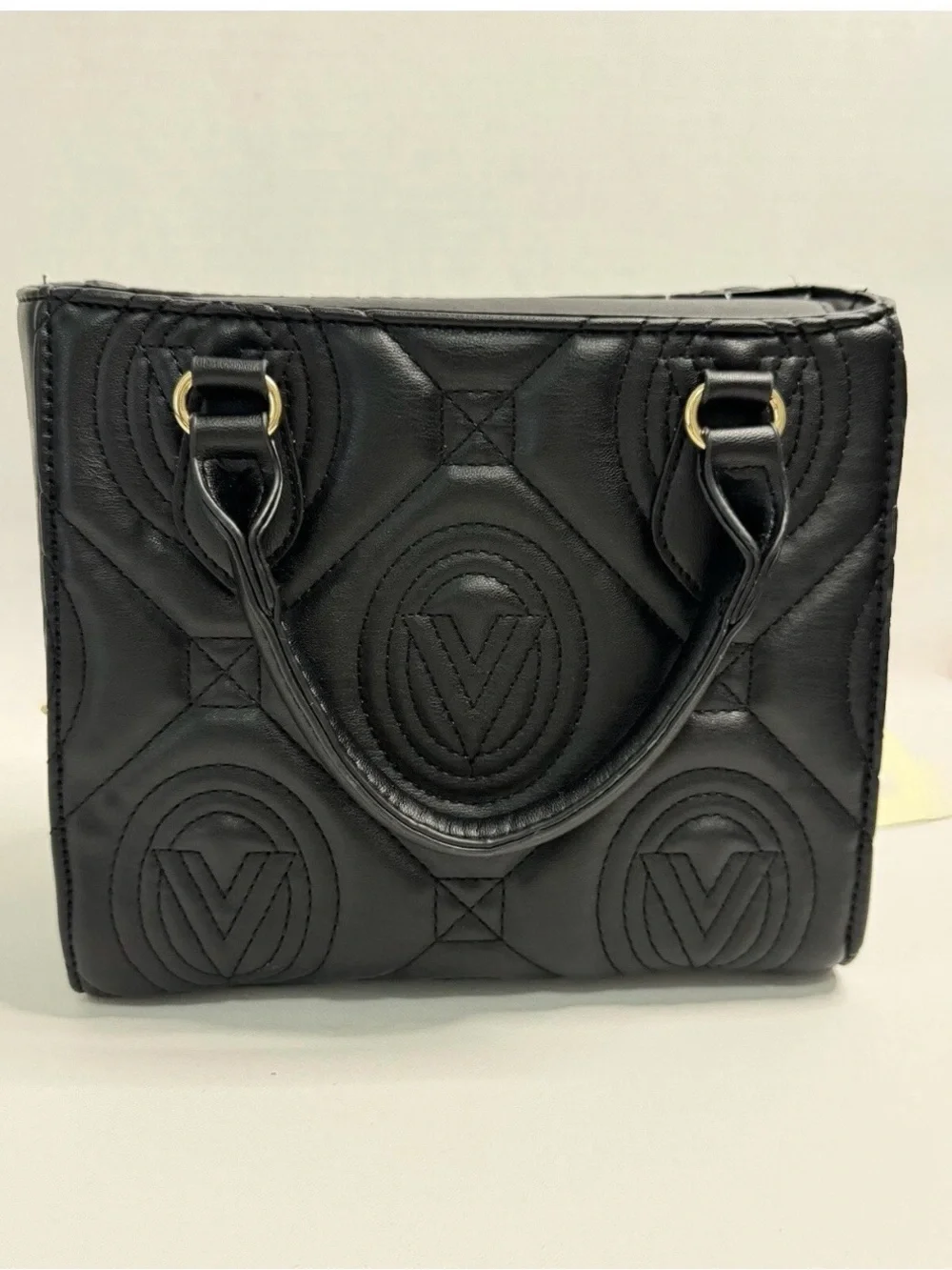 Valentino Orlandi Black Quilted Vegan Leather Satchel with Gold Logo Charm NWT